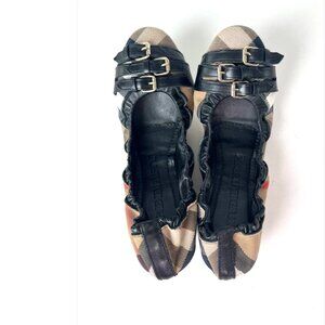 Authentic BURBERRY Bridle House check Falconer Black Canvas Ballerina Size 40